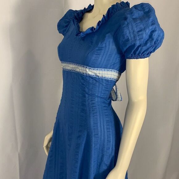 Vintage Blue Regency Handmade Puff Sleeve Empire Waist Maxi Dress Size XS - Picture 10 of 16